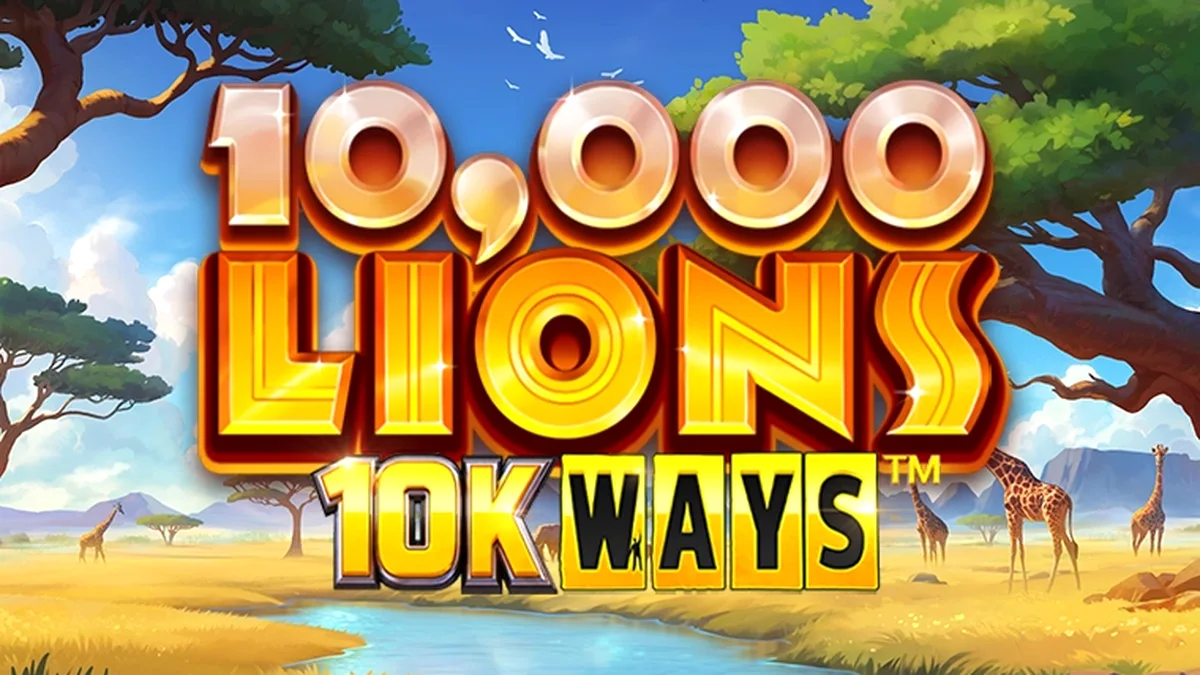 Interface do jogo de slot 10,000 Lions 10K Ways com temática de savana e leões