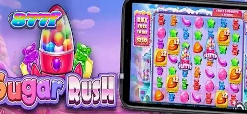 Interface colorida e vibrante do slot Sugar Rush com doces e grade 7x7