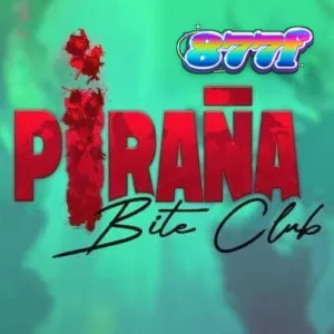 Tela de jogo do Piranha Bite Club, mostrando os rolos e o Swimmer Reel com multiplicadores e piranhas em ação.